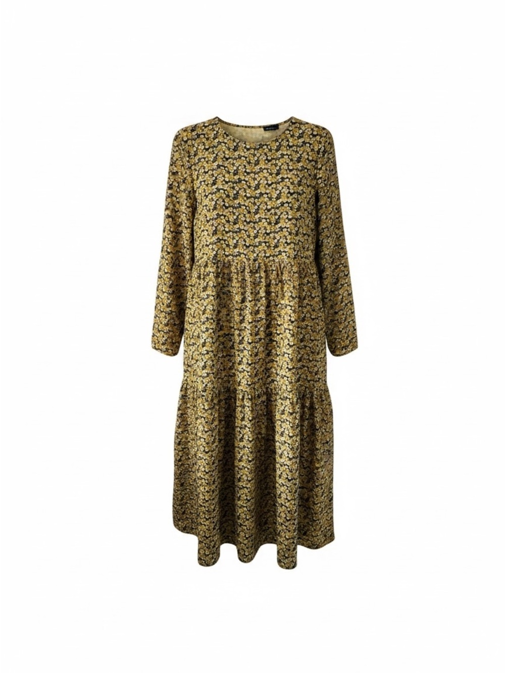 Asos Mustard Green & Black Floral Tiered Long-Sleeve Dress